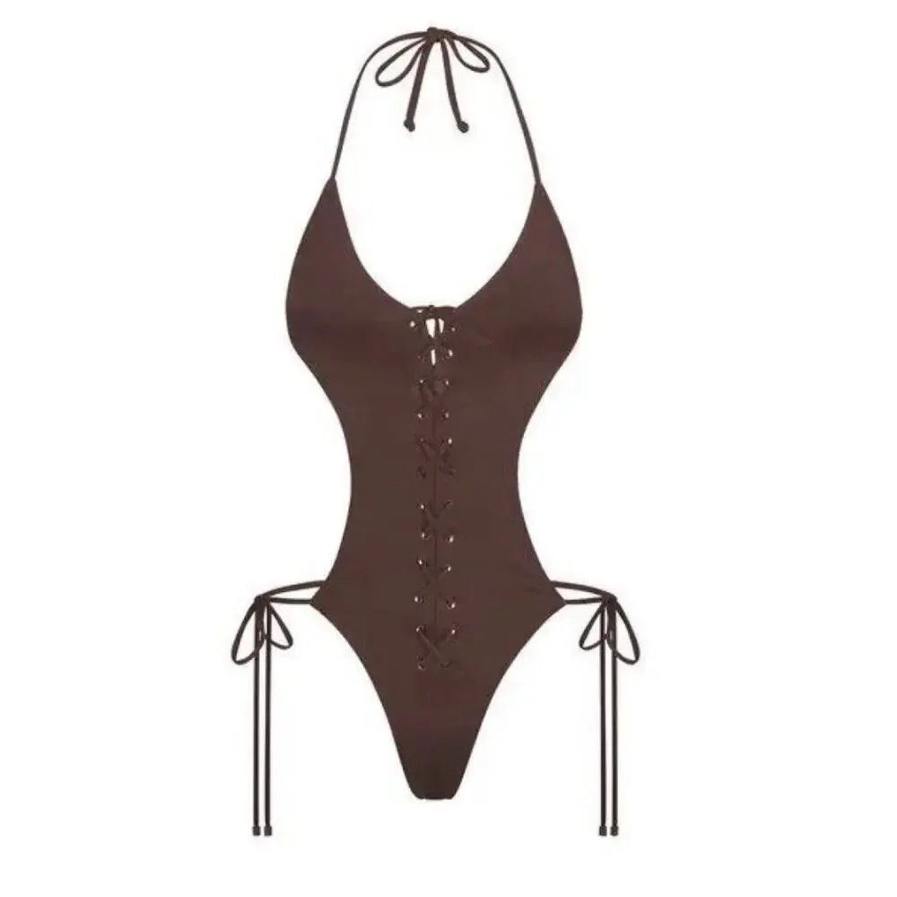 SKIMS Recycled Swim Lace Up Monokini Cocoa Brown Size 4X NWT One Piece
